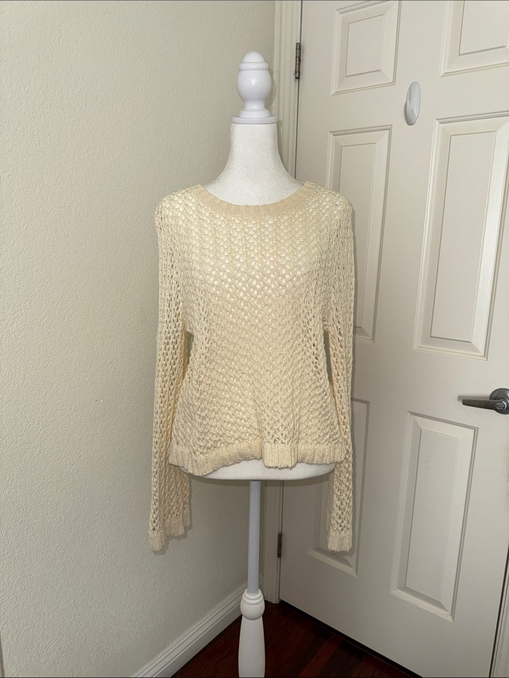 Light Cream Open Weave Women's Crewneck Sweater